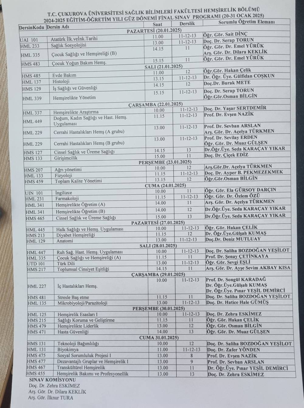 2024-2025 FİNAL SINAVI PROGRAMI